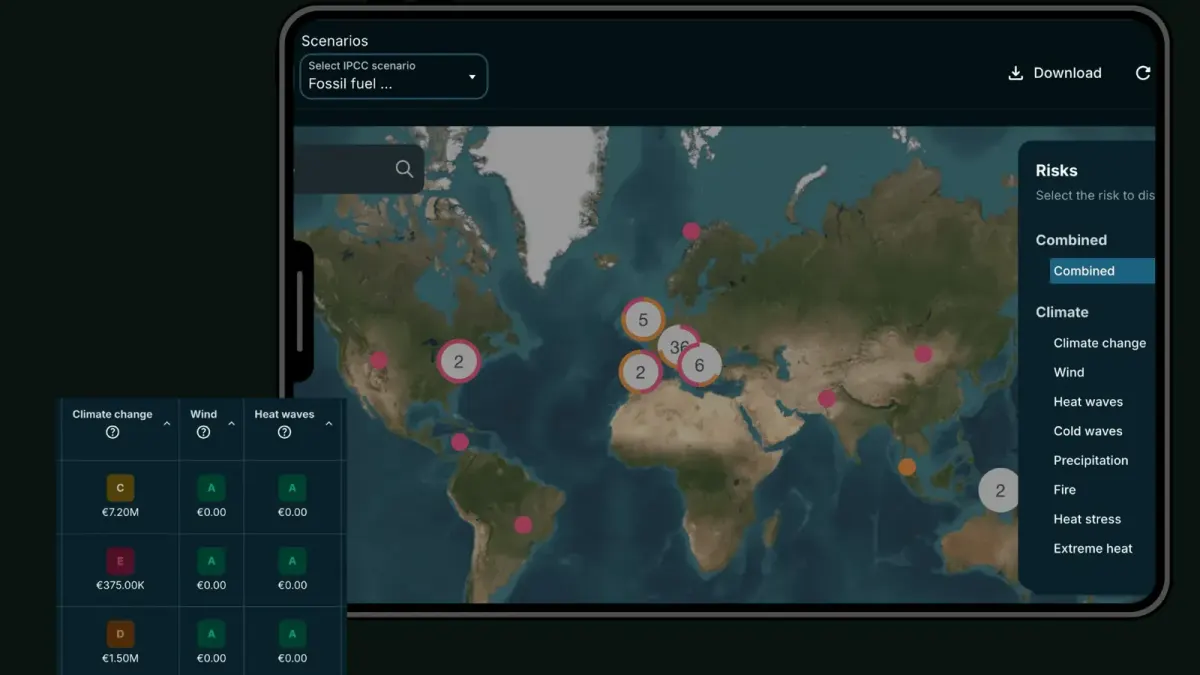 Portfolio risk map of the platform: sites across the world ranked by combined nature and climate risk